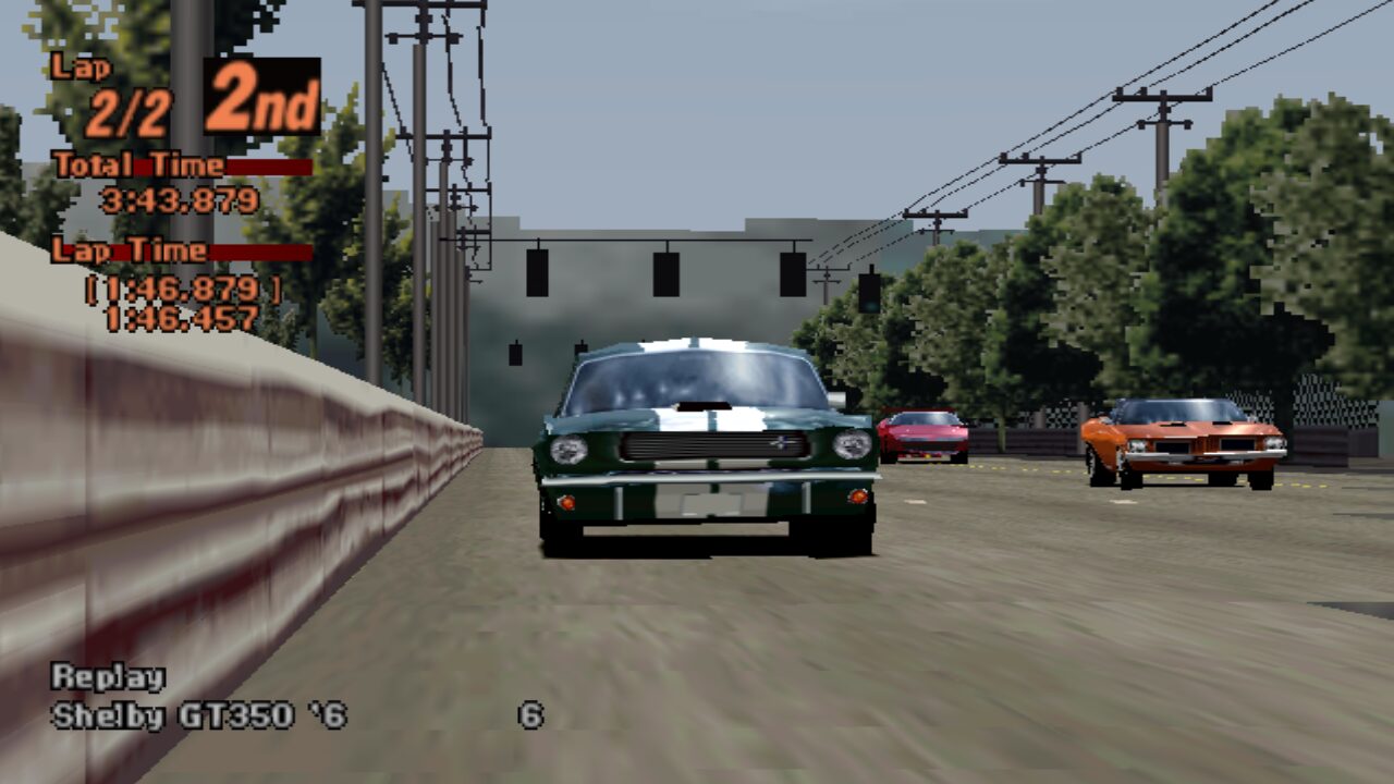 Gran Turismo 2 running natively: a Shelby GT350 in a race replay